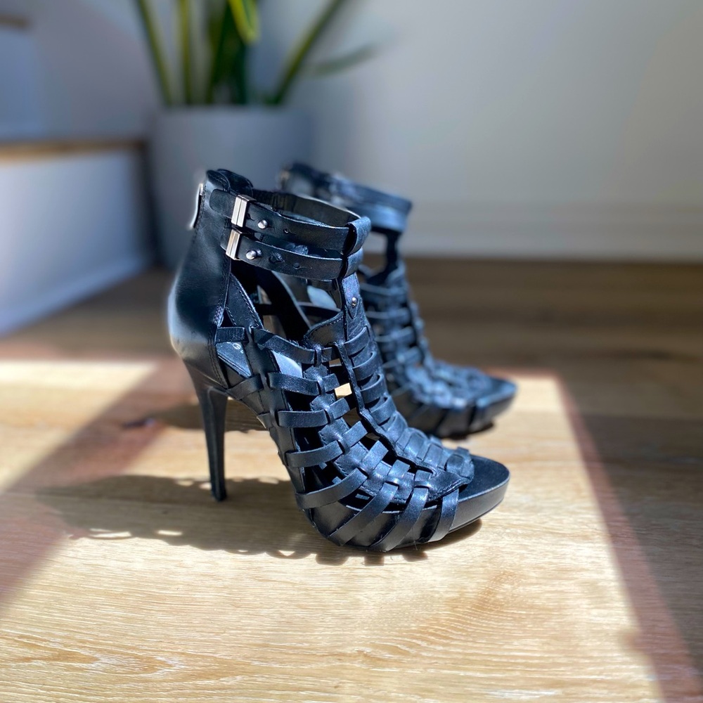 Strappy Black Leather BCBG heels size 6